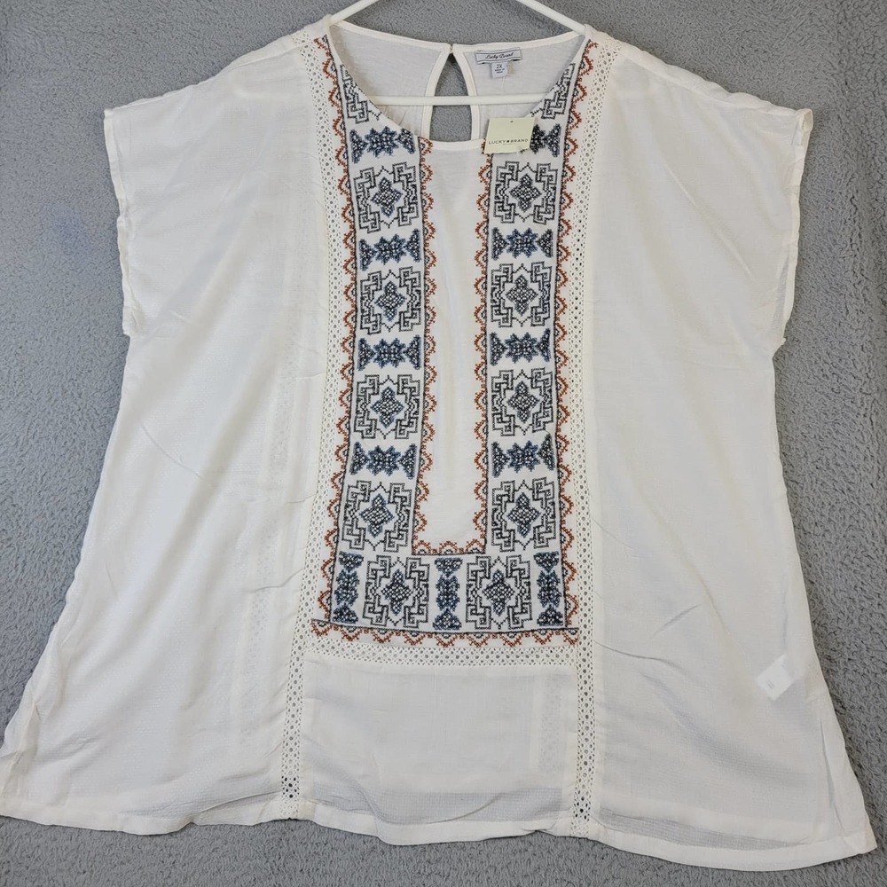 Lucky Brand Boho Blouse Women's Size 2X Short Sleeve Lace Stitching Sheer White